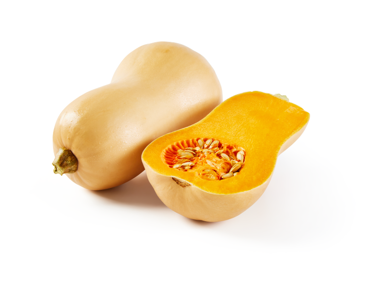 Zucca butternut intera e tagliata a metà con semi