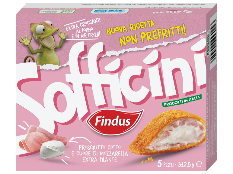Confezione di sofficini surgelati con prosciutto e mozzarella, extra croccanti al forno o in friggitrice ad aria.