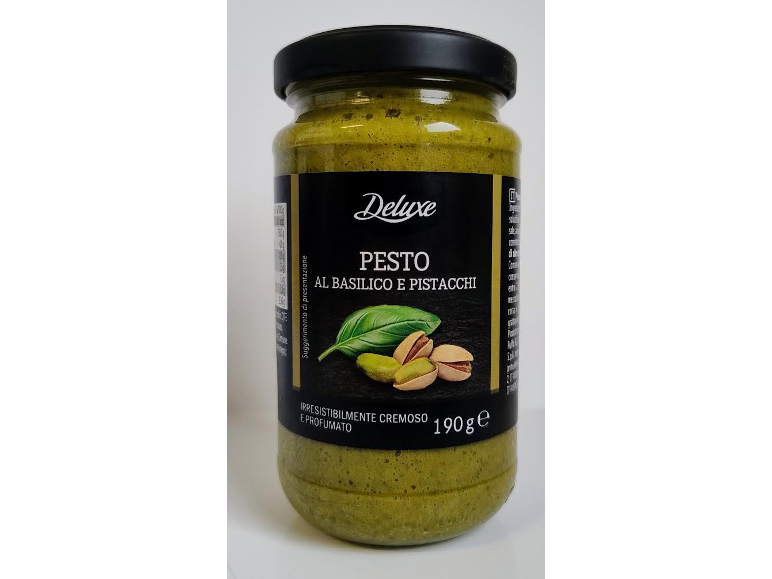Vasetto di pesto al basilico e pistacchi, descritto come irresistibilmente cremoso e profumato, 190g.