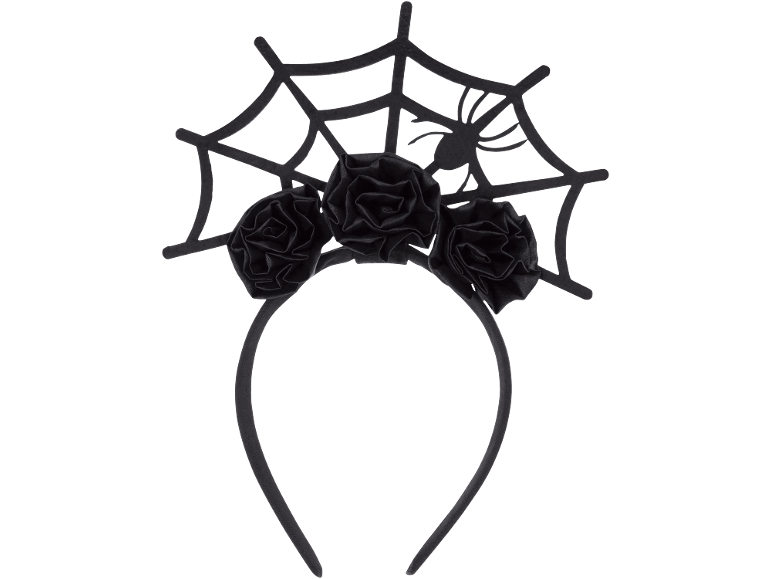 Cerchietto nero con ragnatela, ragno e tre rose di stoffa.