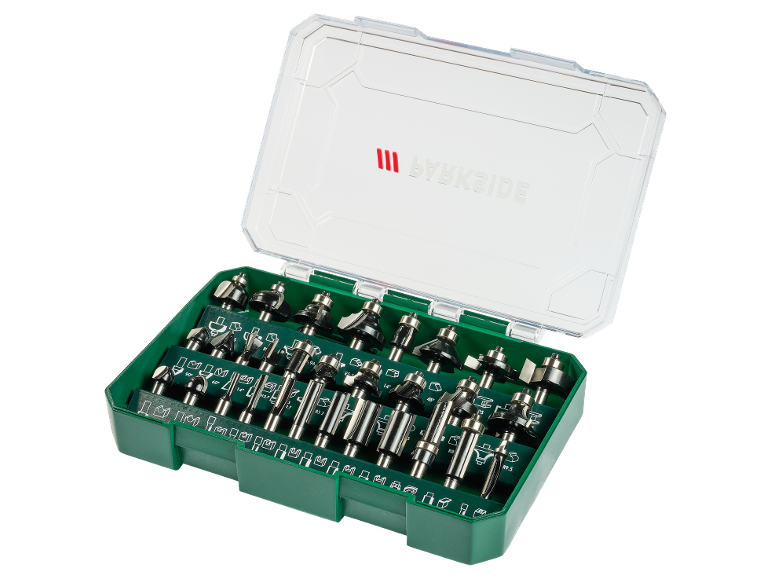 Set di frese per rifilatore in custodia verde con varie punte e specifiche come 90°, 60°, 14°.