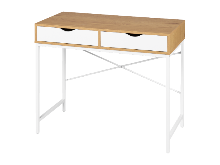Scrivania in legno con due cassetti bianchi e struttura in metallo bianco