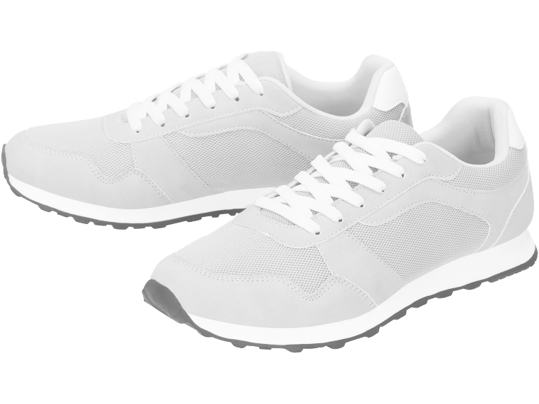 Scarpe da ginnastica grigie con lacci bianchi, suola bianca e nera.