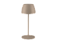 Lampada da tavolo beige con paralume a cupola e base rotonda su sfondo nero