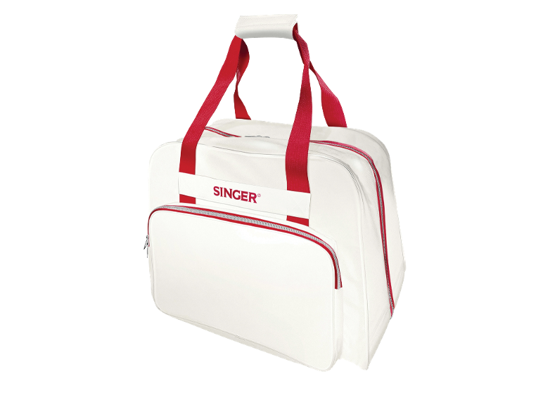Borsa da trasporto bianca con manici e cerniere rosse.