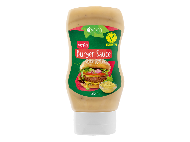 Salsa vegana per hamburger in bottiglia squeeze con immagine di hamburger, 315 ml