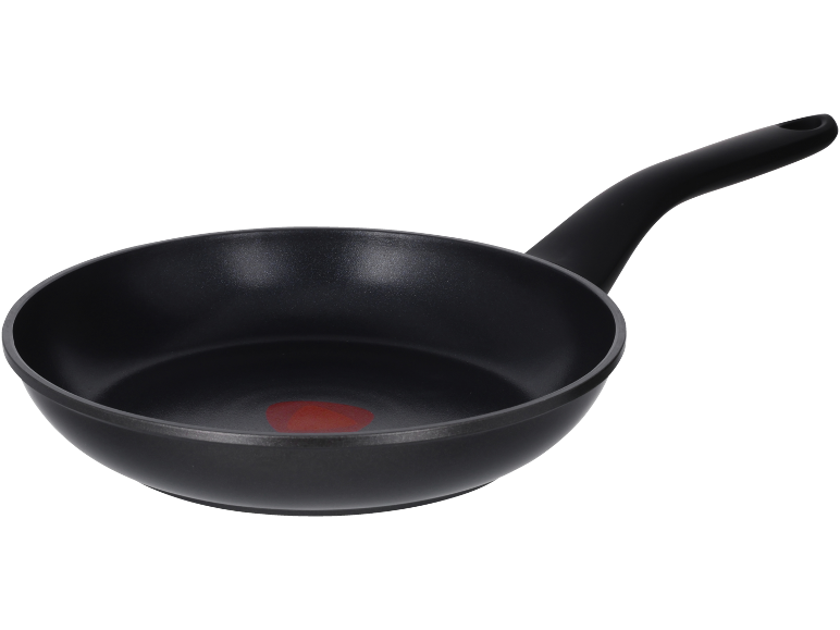 Padella antiaderente nera con manico, con indicatore di calore rosso al centro.