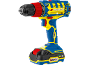 Trapano avvitatore a batteria blu e giallo con anello di coppia rosso e mandrino nero.