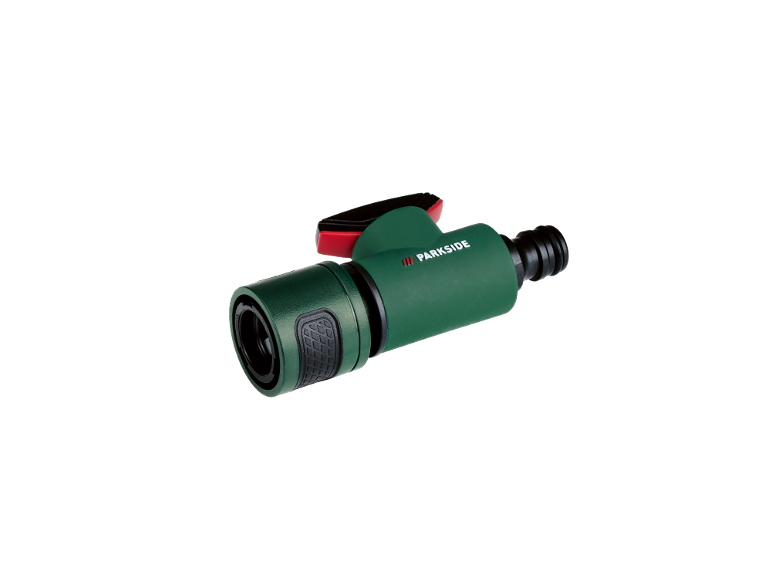 Connettore per tubo da giardino verde con leva rossa.