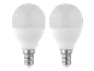 Due lampadine LED bianche con attacco E14 su sfondo nero.