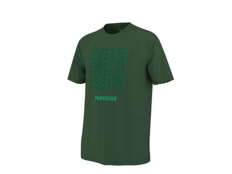 Maglietta verde scuro con stampa ripetuta della parola 'PARKSIDE' in verde chiaro.