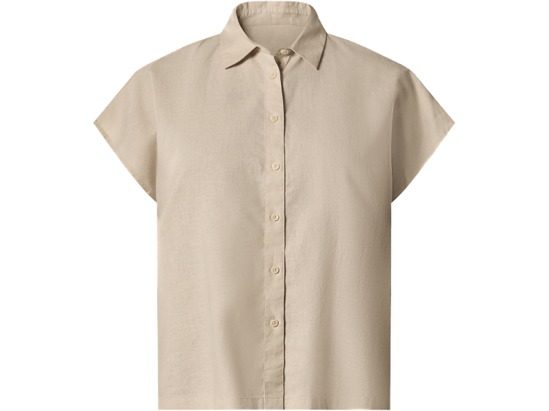 Camicia da donna beige a maniche corte con bottoni.