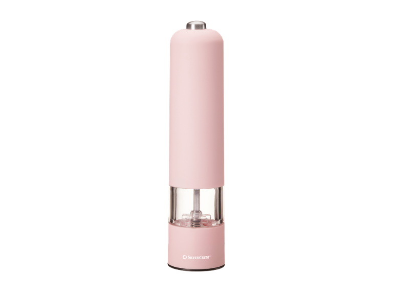 Macina sale o pepe elettrico rosa con base trasparente.