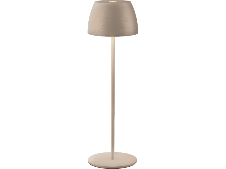 Lampada da tavolo beige con base rotonda e paralume conico.