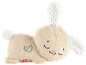 Coniglio di peluche beige con orecchie bianche, coda e un cuore blu ricamato sul fianco.