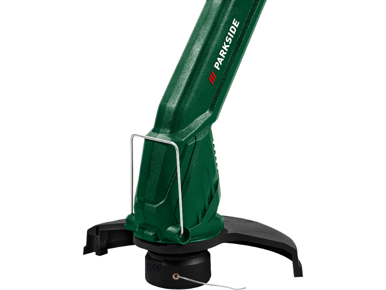 Tagliabordi elettrico verde con protezione nera e filo bianco.