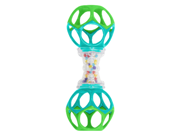 Sonaglio per bambini con sfere verdi e turchesi e perline colorate.