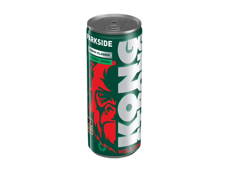 Lattina verde di energy drink con gorilla rosso e la scritta 'URBAN CLASSIC'.
