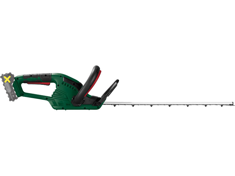 Tagliasiepi a batteria con lama e batteria rimovibile.