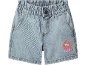 Pantaloncini di jeans per bambina con elastico in vita e applicazione di cagnolino rosa.