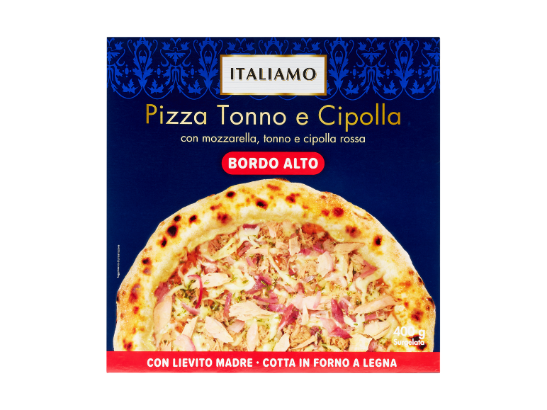 Pizza tonno e cipolla con mozzarella, bordo alto, 400g, surgelata, con lievito madre e cotta in forno a legna.