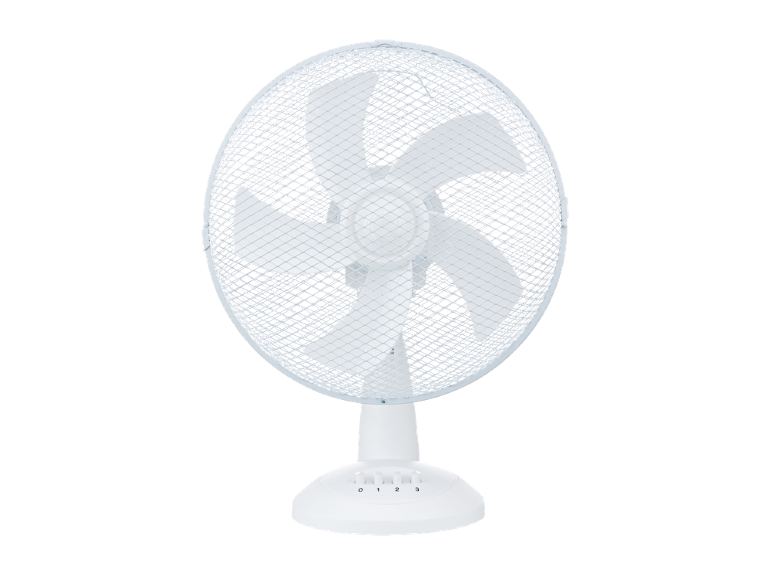Ventilatore da tavolo bianco con quattro velocità su sfondo nero.