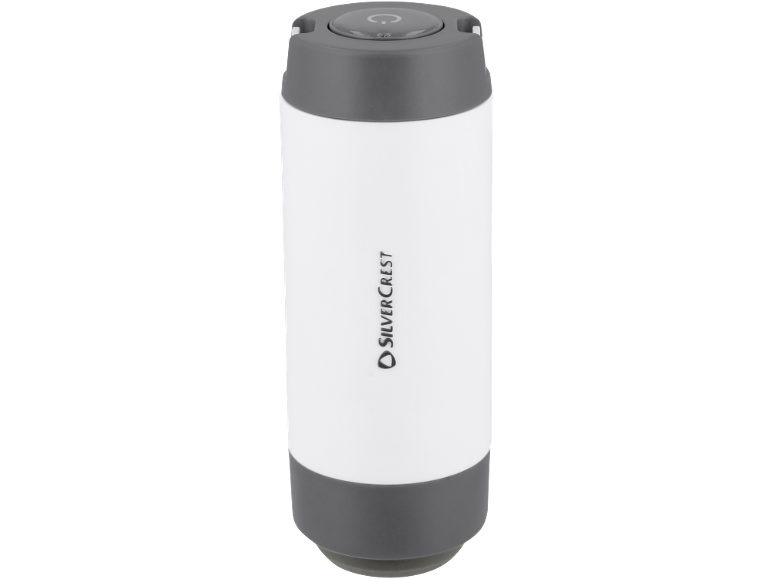 Lanterna LED portatile bianca e grigia con un pulsante di accensione sulla parte superiore.
