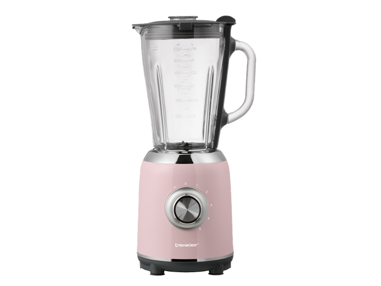 Un frullatore rosa con caraffa in vetro trasparente e manopola della velocità argentata.