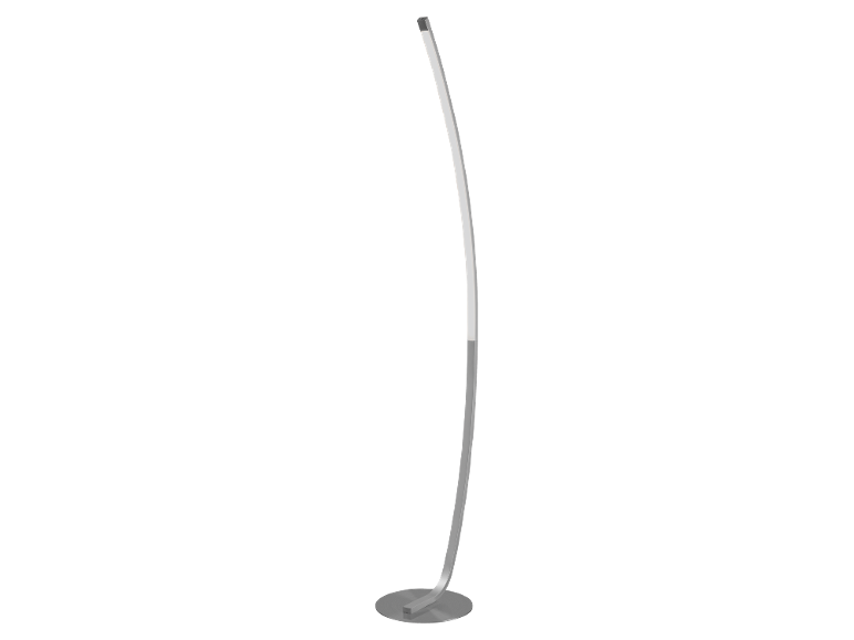 Lampada da terra moderna con palo curvo argentato e base rotonda.