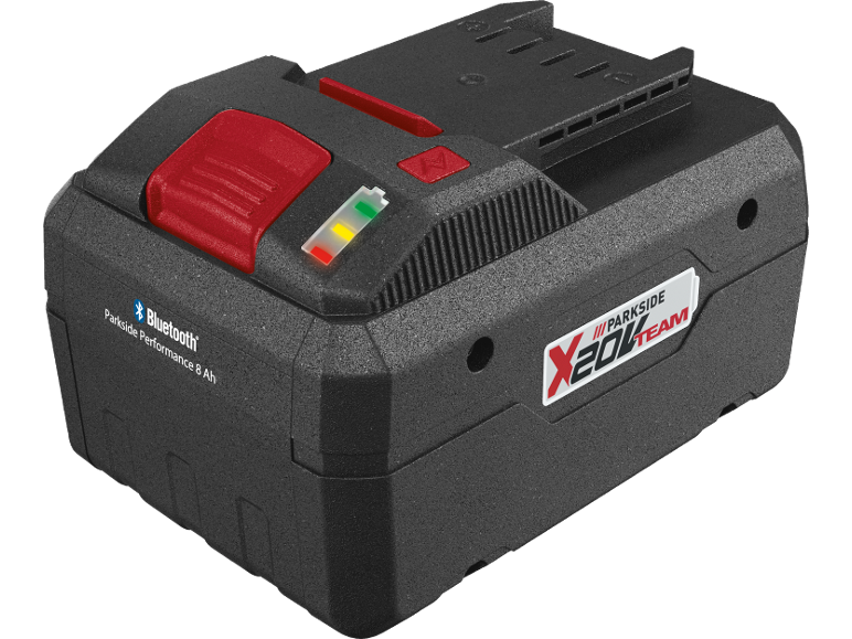 Batteria nera per utensili elettrici con pulsante rosso e indicatore di carica