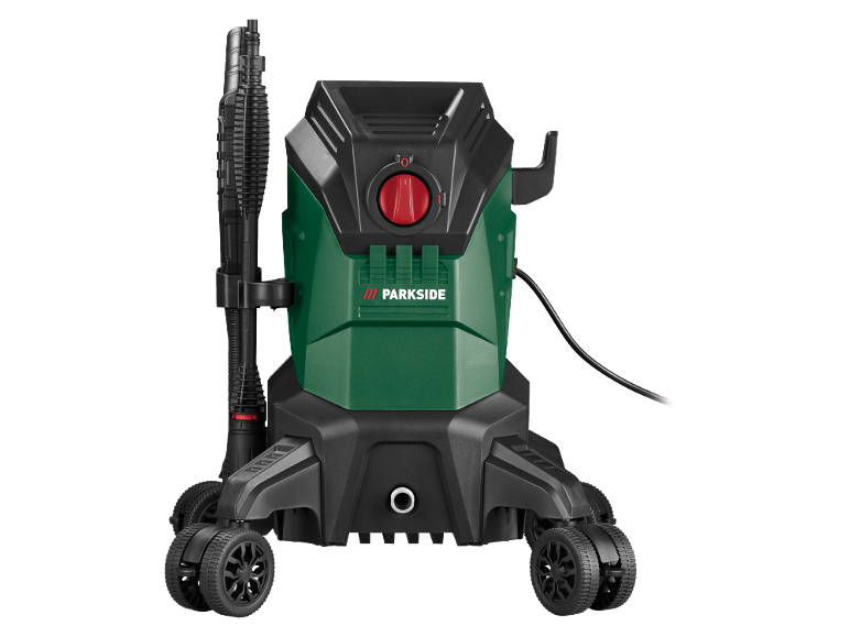 Idropulitrice verde con dettagli neri e ruote su sfondo nero.