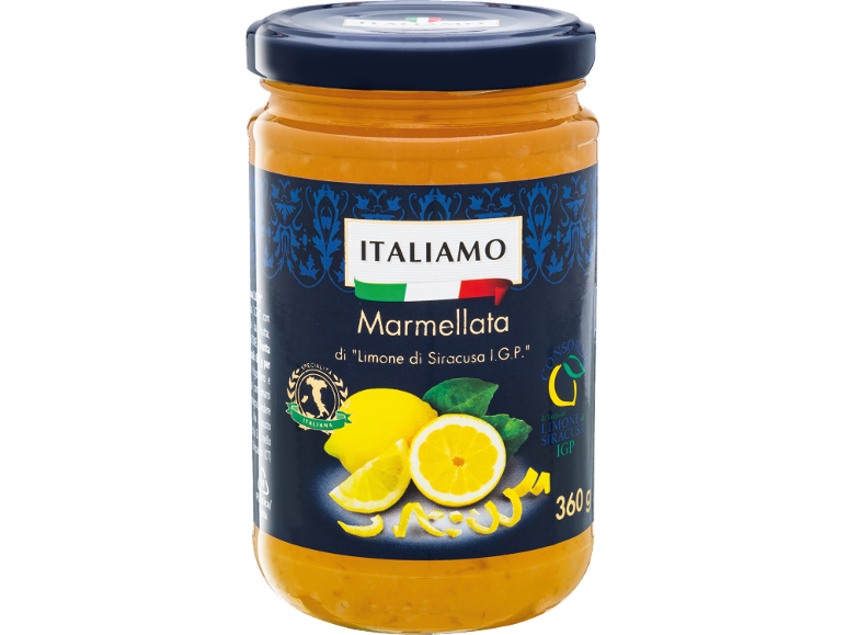Vasetto di marmellata di limone con la scritta 'Marmellata di Limone di Siracusa I.G.P.' e limoni.