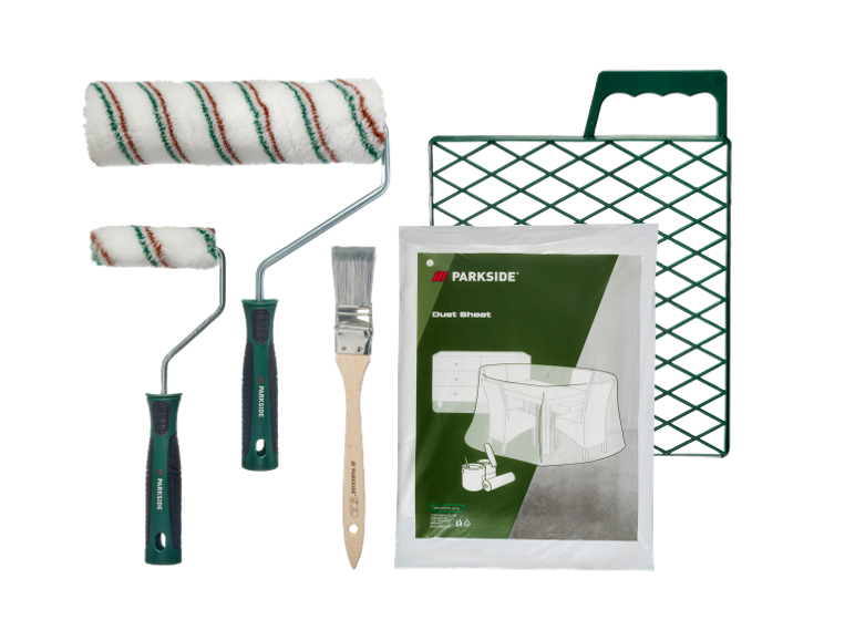 Set per pittura con pennello, rulli, griglia per pittura e telo antipolvere.