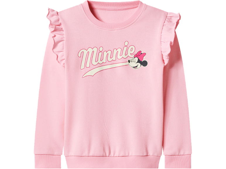 Felpa rosa da bambina con spalle a balze e stampa di un topo.