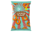 Anelli snack gusto BBQ, vegani, busta da 100g con design retrò da festival.
