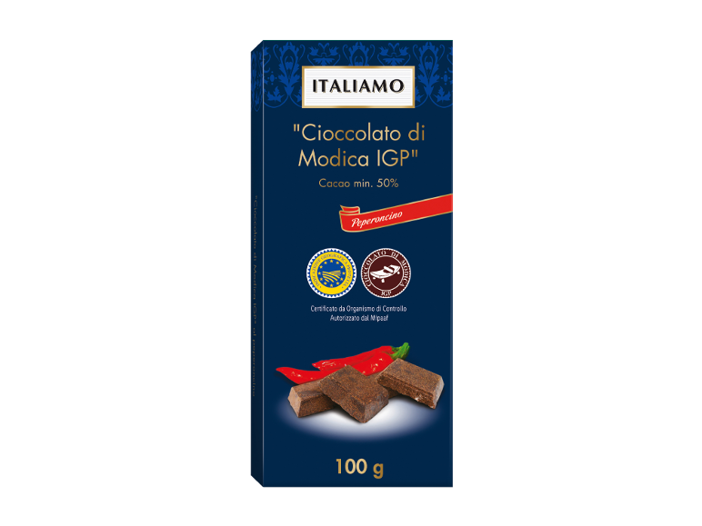 Confezione blu di cioccolato Modica IGP al peperoncino, 100 g.