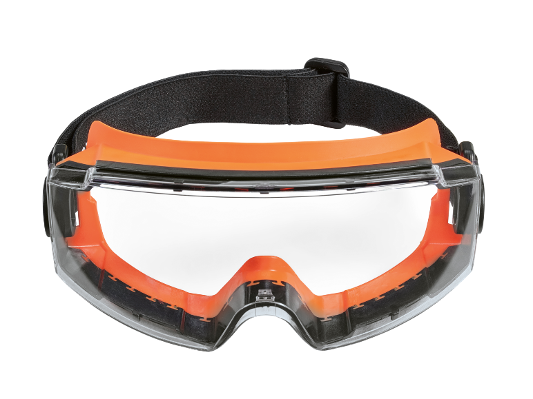 Occhiali di sicurezza con montatura arancione e cinturino elastico nero.