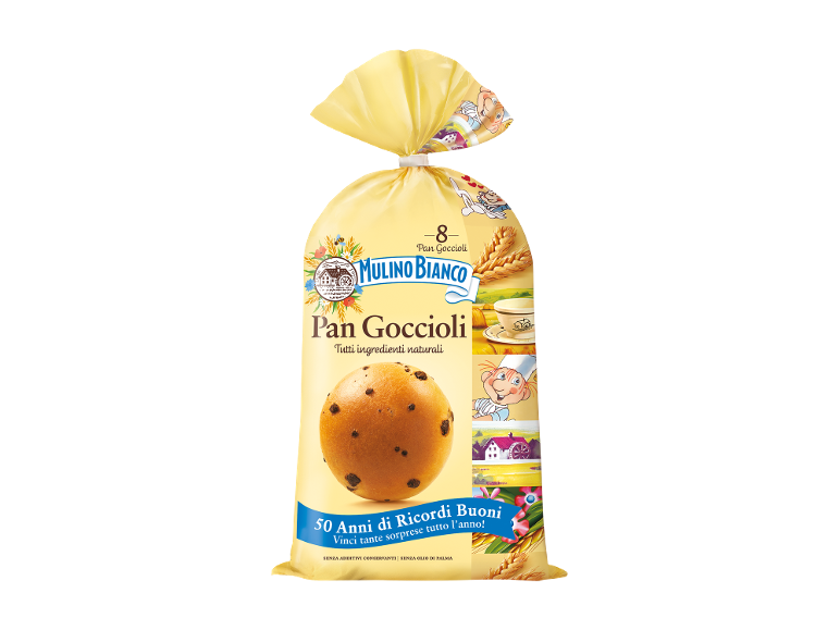Confezione di panini con gocce di cioccolato, con la scritta 'Pan Goccioli' e '50 Anni di Ricordi Buoni'.