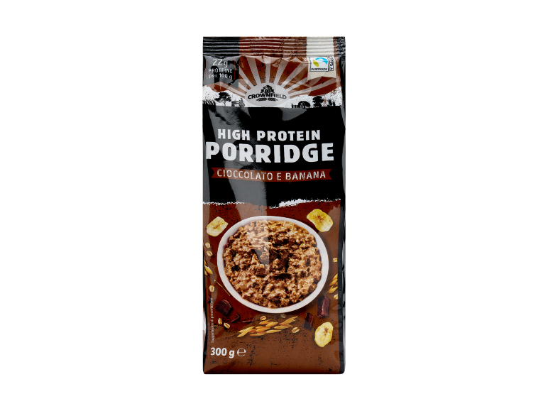 Porridge ad alto contenuto proteico al cioccolato e banana con 22g di proteine per 100g.
