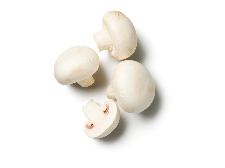 Funghi champignon freschi, interi e tagliati, su sfondo bianco.