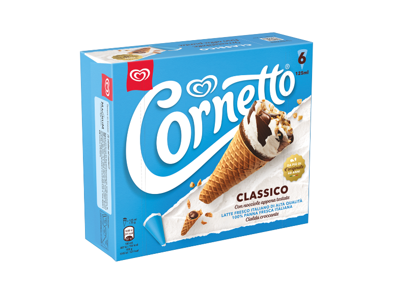 Confezione da sei coni gelato con gelato alla vaniglia e cioccolato, noci e cialda.