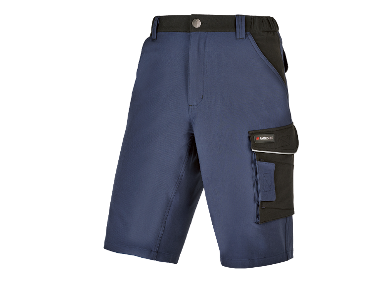 Pantaloncini da lavoro blu con accenti neri e tasche laterali.