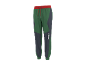 Pantaloni della tuta verdi e grigi con vita rossa e lacci rossi.