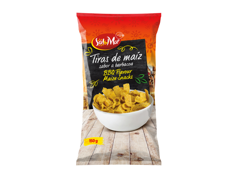 Sacchetto di snack di mais al gusto barbecue, con una ciotola di snack e 150 g.