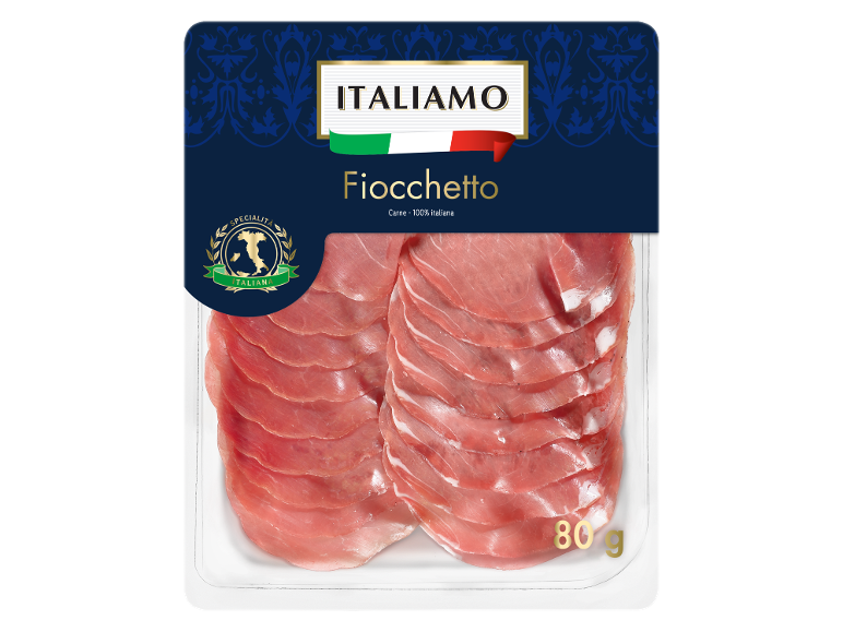 Confezione di fiocchetto italiano da 80 g, con etichetta 'Specialità Italiana'.