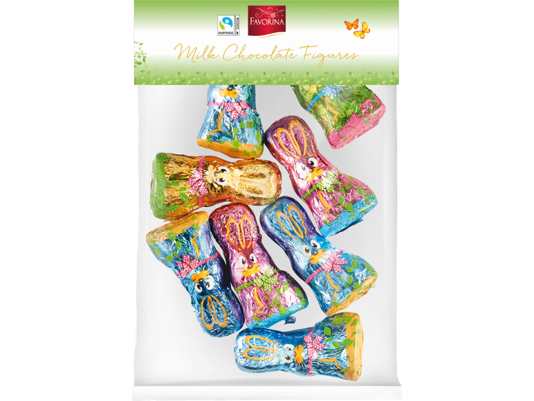 Statuette di cioccolato al latte di coniglietti pasquali in carta stagnola colorata, con intestazione verde.