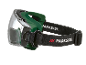 Occhiali di sicurezza con montatura verde e cinturino elastico nero.