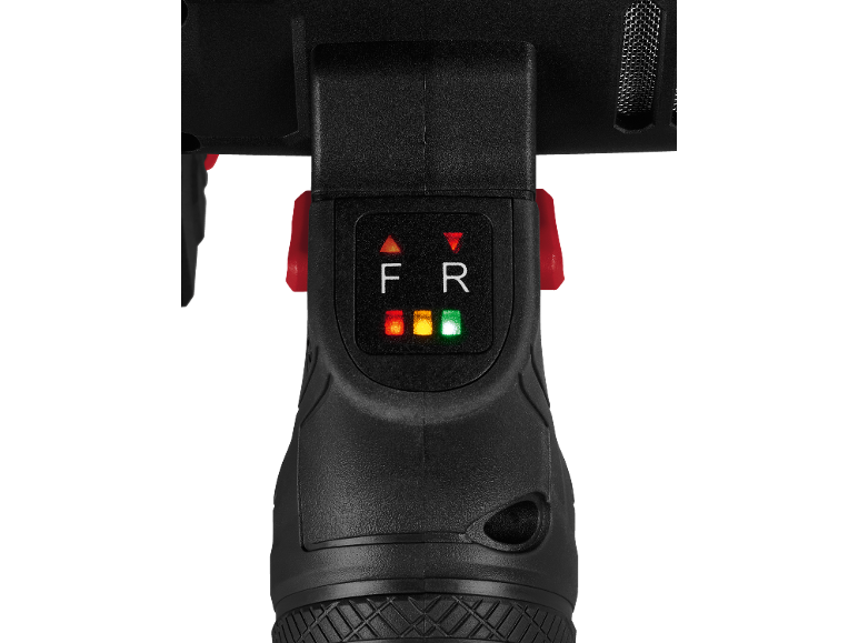 Display direzione avanti/indietro e indicatore batteria su un utensile elettrico.