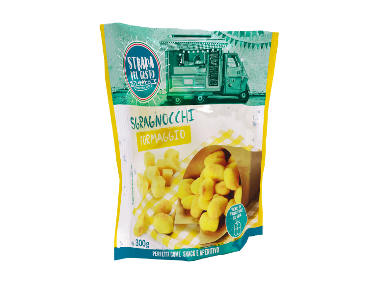 Busta di sgragnocchi al formaggio, confezione a tema street food.