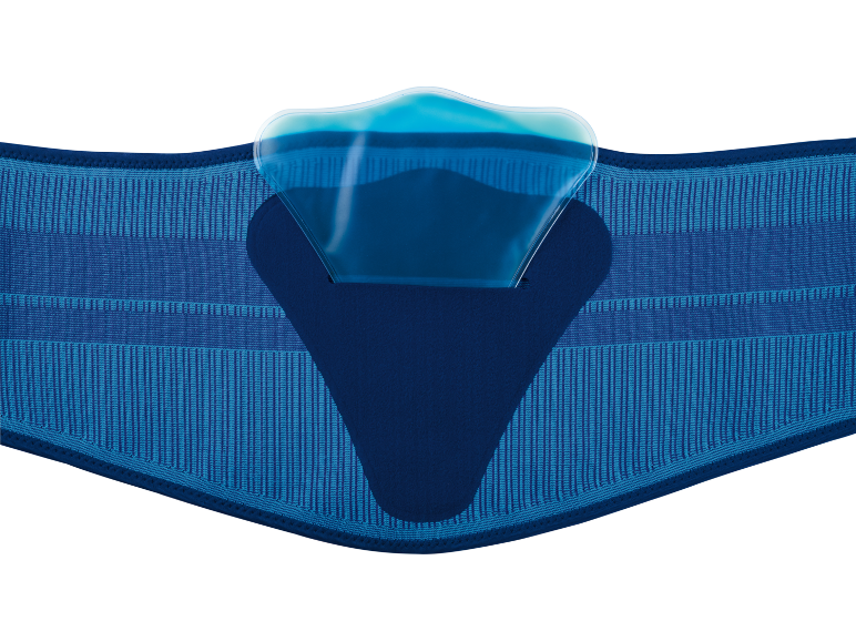 Cintura di supporto lombare blu con cuscinetto in gel trasparente per terapia caldo/freddo.